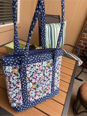 Quilted Navy Floral Tote Bag with Shoulder Straps
